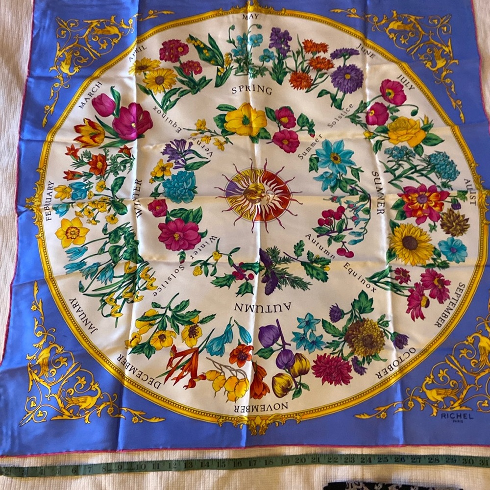 YEAR OF FLOWERS, solstice, equinox Richel Paris Silk Scarf LIKE NEW